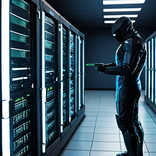 Home 13 Advanced Persistent Threat (APT)**
Prompt: A stealthy digital intruder in a server room, subtly stealing data, portrayed in a high-tech, futuristic style. Emphasize the undetected nature of the threat. Dark, mysterious, with glowing server lights.
**