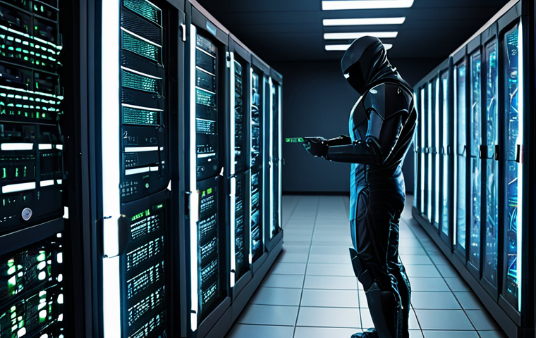 Advanced Persistent Threat (APT)**

Prompt: A stealthy digital intruder in a server room, subtly stealing data, portrayed in a high-tech, futuristic style. Emphasize the undetected nature of the threat. Dark, mysterious, with glowing server lights.

**