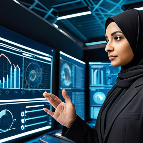 Home 12 ** A highly skilled Arab cybersecurity professional, fully clothed in modest business attire, focused on a sleek, glowing digital interface displaying complex data visualizations and network diagrams. The background is a clean, modern cybersecurity operations center (SOC) with abstract futuristic elements, symbolizing continuous learning and advanced threat analysis. The individual is in a natural pose, demonstrating concentration and expertise. Perfect anatomy, correct proportions, well-formed hands, proper finger count, natural body proportions. Safe for work, appropriate content, professional, high quality, studio lighting, detailed, realistic.
**