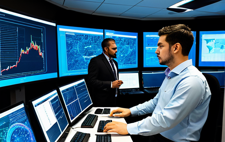 A diverse team of professional cybersecurity analysts, fully clothed in modest business casual attire, collaboratively working in a high-tech Security Operations Center (SOC). They are gathered around multiple large, glowing digital screens displaying complex network diagrams, live threat intelligence feeds, and data dashboards. One analyst points at a critical data point, another intently types on a keyboard, while a third observes with focused concentration. The environment is modern, clean, and well-lit, emphasizing a sense of control and advanced technology. Perfect anatomy, correct proportions, natural pose, well-formed hands, proper finger count, natural body proportions, professional photography, high quality, safe for work, appropriate content, family-friendly.