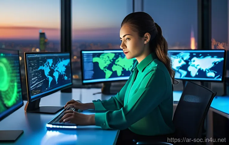 보안관제센터 퇴사 후 커리어 방향 - **Prompt:** "A highly focused female cybersecurity expert, wearing smart professional attire, is eng...