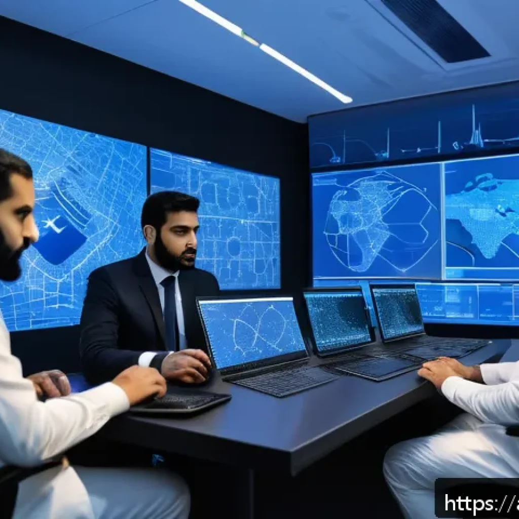 보안관제센터 입문자 추천 서적 - A modern cybersecurity operations center in the Middle East setting, featuring a diverse team of Ara...
