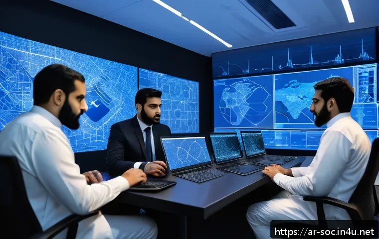 보안관제센터 입문자 추천 서적 - A modern cybersecurity operations center in the Middle East setting, featuring a diverse team of Ara...