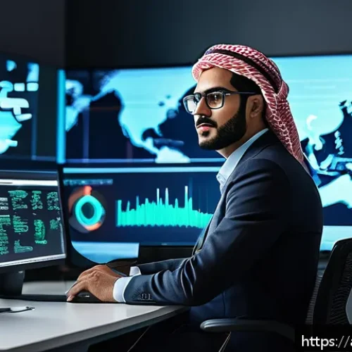 보안관제 신입 입사 성공 비결 - A detailed digital illustration of an Arab cybersecurity professional working in a modern office env...