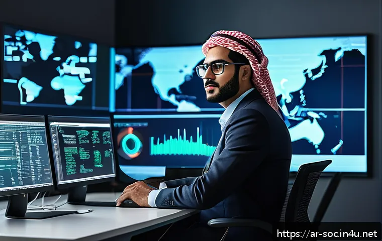 보안관제 신입 입사 성공 비결 - A detailed digital illustration of an Arab cybersecurity professional working in a modern office env...