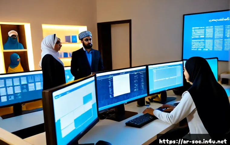 보안관제센터에서의 협업과 팀워크 - Photorealistic cybersecurity operations center in a modern Middle Eastern office, diverse Arab secur...